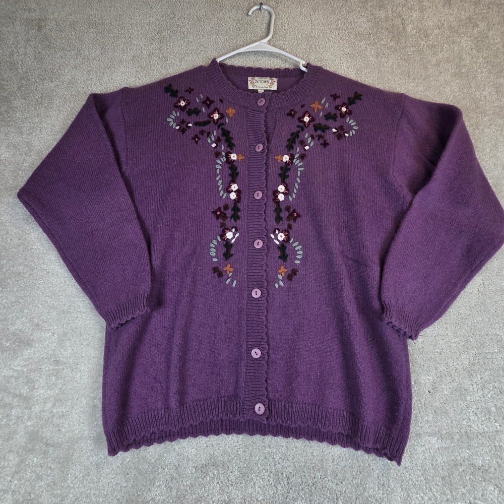 In Town Purple 100% Shetland Wool‎ Floral Embroidered Button Cardigan Sweater L